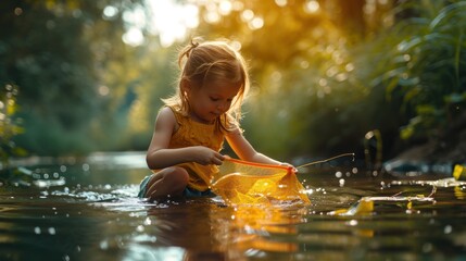 children playing outdoors Preschoolers catch frogs with colorful nets. little girl fishing in summer