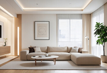 Fototapeta na wymiar Modern living room with vacant white wall and beige couch,. 