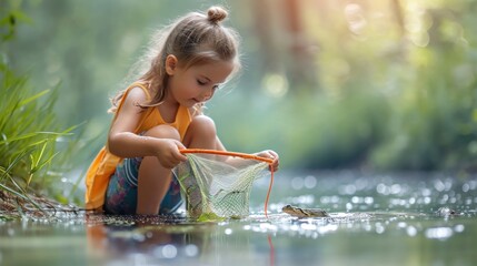 children playing outdoors Preschoolers catch frogs with colorful nets. little girl fishing in summer - obrazy, fototapety, plakaty