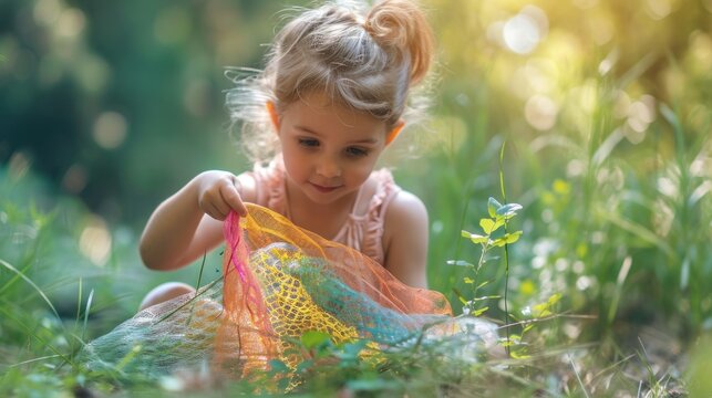 children playing outdoors Preschoolers catch frogs with colorful nets. little girl fishing in summer