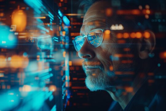 Businessman Strategizing Financial Tactics with Chatbot Amidst Dynamic Data Visualizations. generative AI