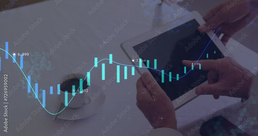 Poster animation of financial data processing over diverse business people using tablet