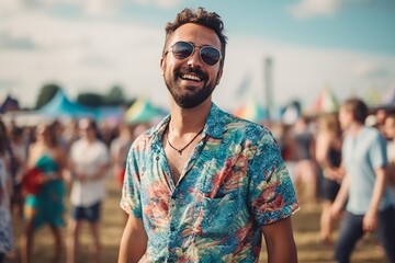 Portrait of a happy young man dancing at a summer music festival