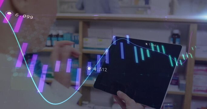 Animation of financial data processing over caucasian male doctor using tablet