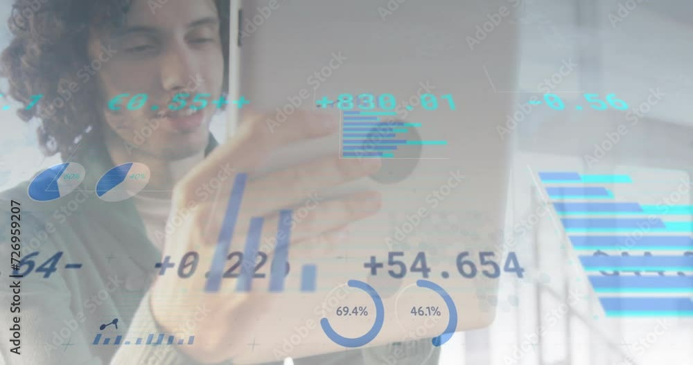 Aufkleber animation of financial data processing over biracial man using tablet