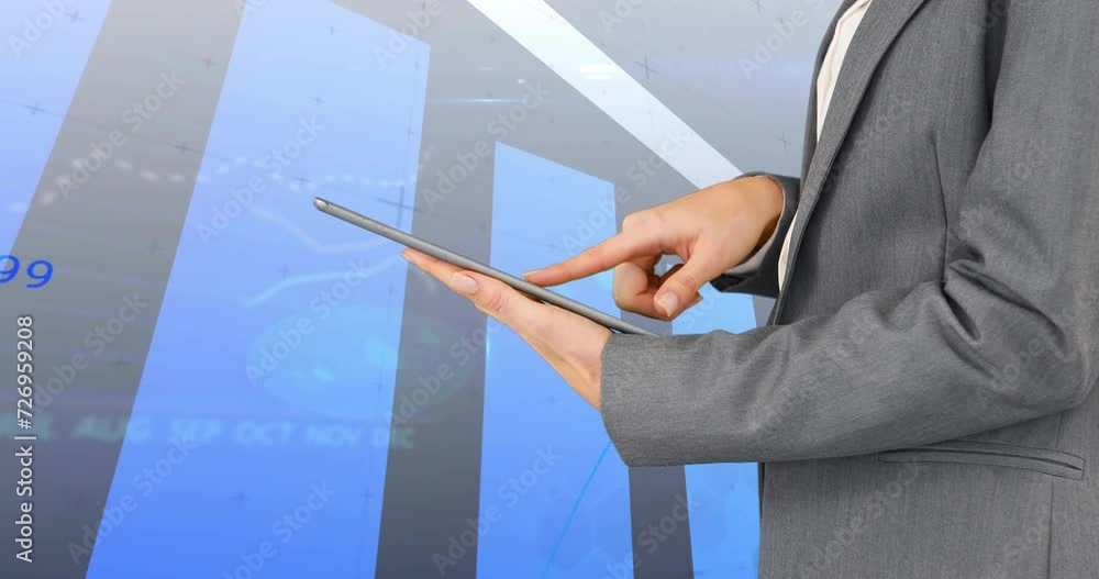 Poster animation of financial data processing over caucasian businessman using tablet