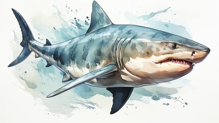 Watercolor shark drawing on a white background. Underwater art