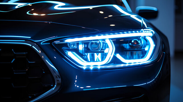 Detail on one of the LED headlights modern car on black background, generative ai