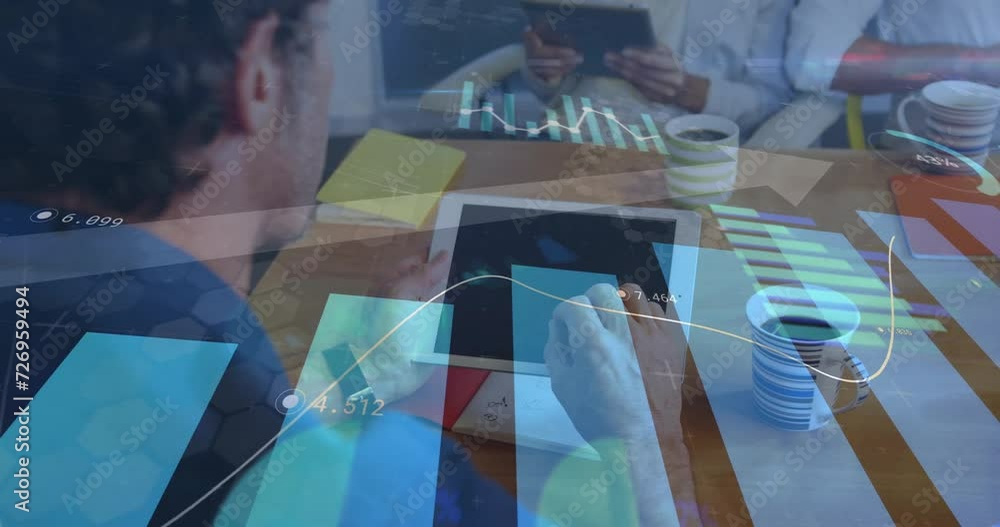 Poster animation of financial data processing over caucasian businessman using tablet
