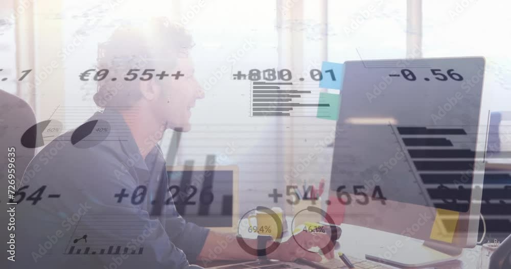 Poster animation of financial data processing over caucasian businessman using computer