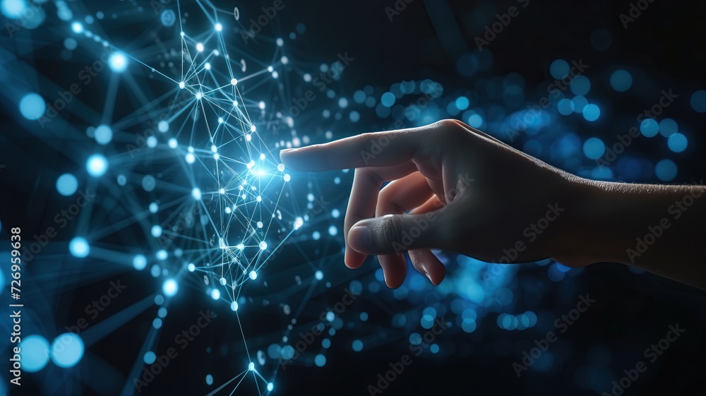 Poster hand touching telecommunication network and wireless. generative ai