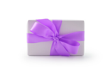 White gift box with purple ribbon bow isolated on white background