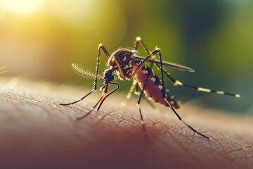 Mosquitoes on the skin. Mosquitoes attack in tropical forests. Insect repellent. Prevention of malaria and dengue fever.