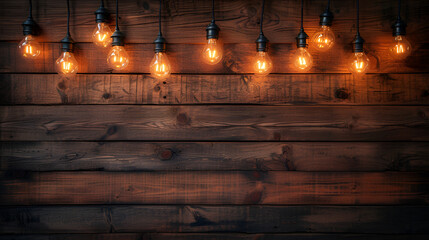 Empty dark wooden background with light bulb, generative ai
