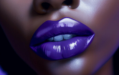 Close up black woman's lips with purple lip gloss. Lips makeup. Lipstick advertising