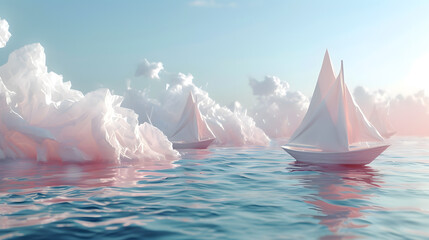 A pink room with a pink sea outside, filled with clouds. The sky is a gradient of pink and blue, and there are three sailboats on the sea.