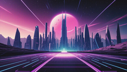 Retro Sci-Fi Background Futuristic landscape of the 80`s. Digital Cyber Surface. Suitable for design in the style of the 1980`s, Empty mesh space, place for logo, cyberpunk retro futurism style, room	