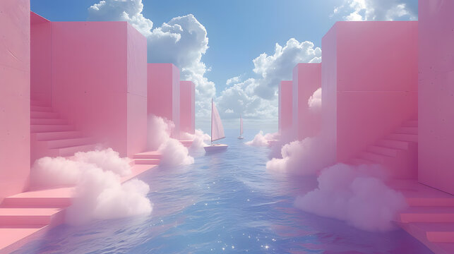 A pink room with a pink sea outside, filled with clouds. The sky is a gradient of pink and blue, and there are three sailboats on the sea.