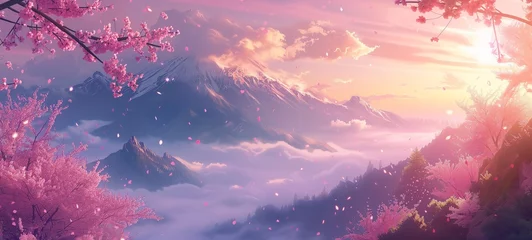 Foto op Plexiglas Lichtroze Enchanting anime landscape with snow-capped mountains and cherry blossoms in full bloom, illuminated by a pastel sunrise, casting a tranquil, dreamlike atmosphere.