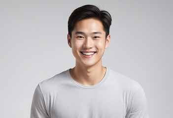 Radiant and cheerful Asian young man showcasing a warm smile against a clean, white background - obrazy, fototapety, plakaty