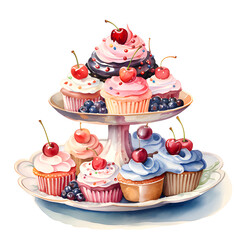 cake and cupcake with cherry cream and strawberry on white background.