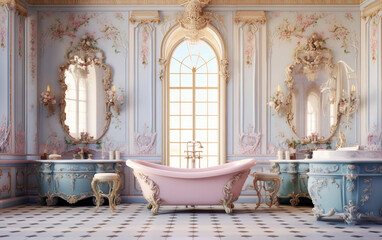 Rococo style pastel blue colors bathroom with big windows and flowers