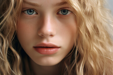 Face of young beautiful woman with blue eyes and wavy blond hair