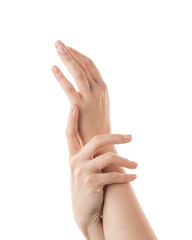 Young woman hands showing elegance isolated on white background