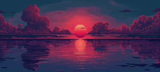 Fotobehang Pixel art sunset featuring a serene water scene with a vivid color gradient sky, reflecting the sun's silhouette and accented by the silhouettes of birds in flight. © Maxim