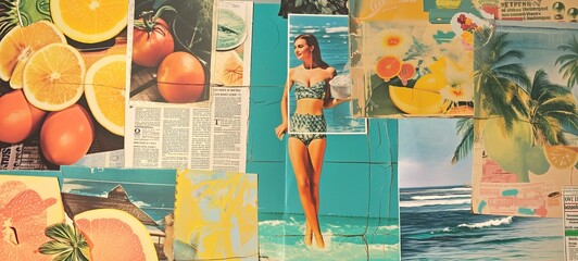 A collage bursting with summer's joy, featuring citrus fruits, vintage swimwear, and tropical palms, set against an oceanic backdrop