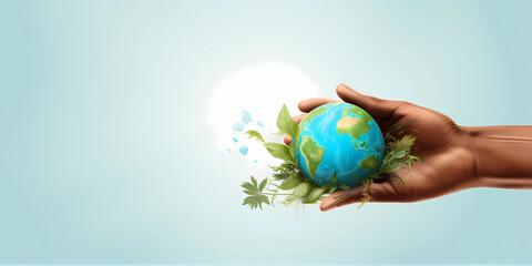 Earth Day social media banner design template with copy space. Woman's hand holding the globe
