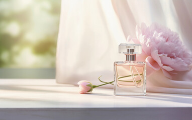 Bottle of perfume and pink peony. Perfume bottle positioned beside a fresh flowers, creating an image that combines elegance with a sense of guidance