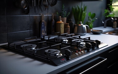 Black gas stove on the modern kitchen background. Close up of a gas stove