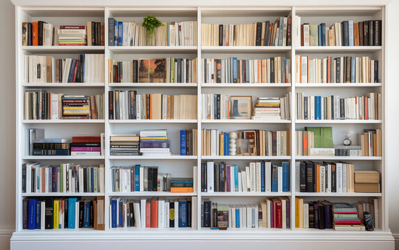 White shelves with books. Home library