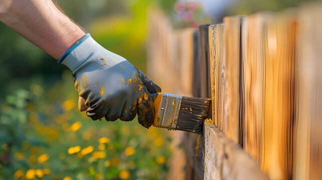 Man in protective gloves is painting wooden fence, generative ai