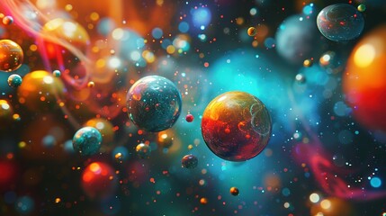 Collision of abstract objects in space. Abstract scene of various colliding objects. A dynamic composition of spheres and plasticy form - obrazy, fototapety, plakaty