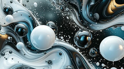 Collision of abstract objects in space. Abstract scene of various colliding objects. A dynamic composition of spheres and plasticy form
