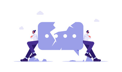 Quarrel problems in communication concept, two business people standing on different edges of broken speech bubble and do not talk to each other