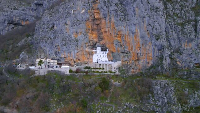 Drone shot flying around the Ostrog Monastery in Montenegro.