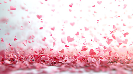 Love valentines background with pink falling hearts, white background, copy space, generative ai