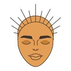The head of a girl in a crown without hair. Closed eyes mask. A man's face, plump lips, dark skin. Flat vector illustration, vintage style