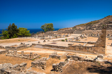 Überreste und Ruinen der untergegangenen hellenistisch-dorischen Stadt Kamiros auf der griechischen Insel Rhodos, östliches Mittelmeer