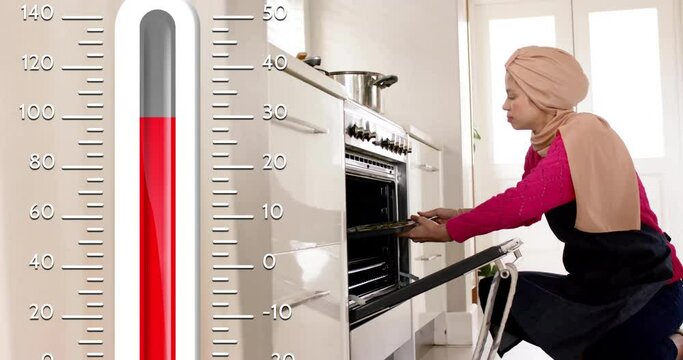 Biracial woman in hijab putting tray of chopped vegetables in kitchen, cooking over thermometer
