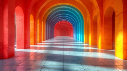 3D rendering of an empty corridor with colorful lights in the background - Generative AI