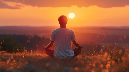 Man in yoga pose zen meditation at sunset, generative ai - obrazy, fototapety, plakaty