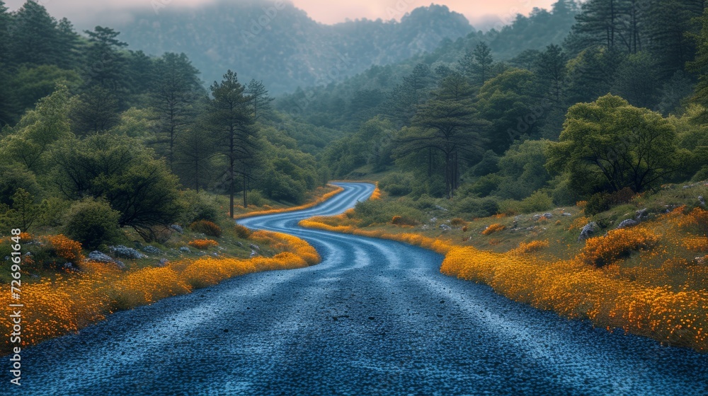 Aufkleber road in the mountains with yellow poppies. 3d rendering - generative ai