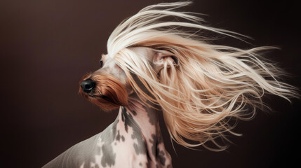 Naklejka premium A dog with long hair blowing in the wind in style of fashion editorial. Dog coat on dark background. Grooming