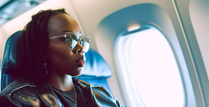 Young African woman flying in a commercial plane next to the window