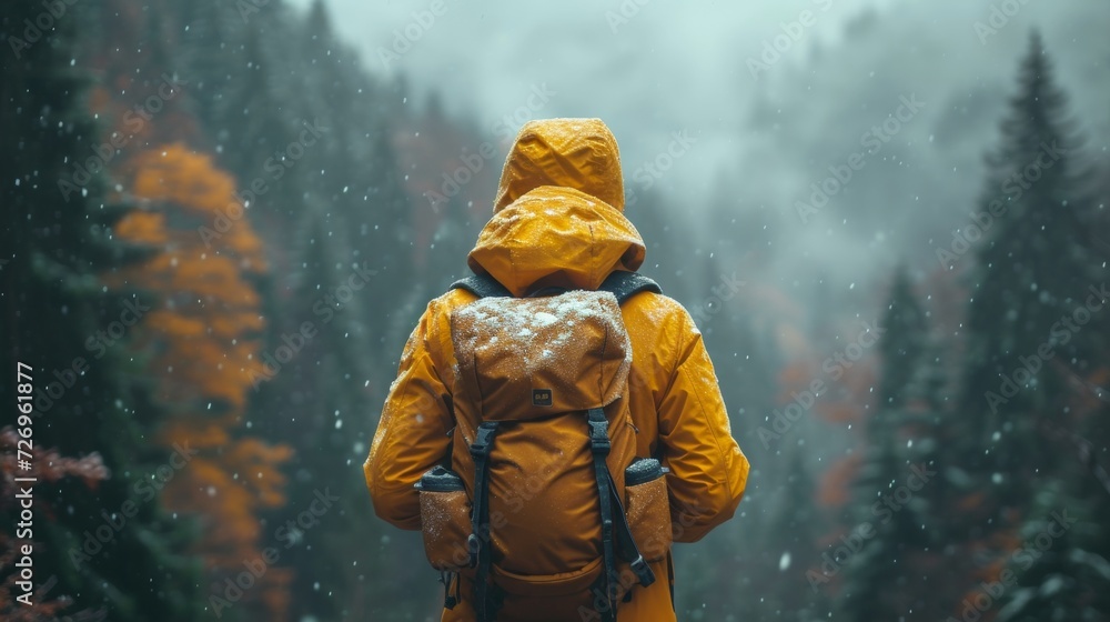 Poster a man with a backpack in a raincoat on the background of the mountains. - generative ai