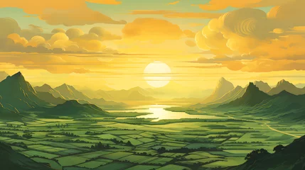 Tuinposter farm outdoor scenery sunrise landscape , Cartoony Landscape of a Green Field and Mountains , Summer, illustration , Tea Tapestry, Manicured Plantations  © YOUCEF
